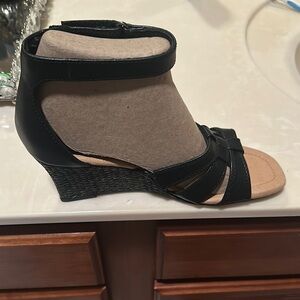 Clarks Black Wedge Sandals with Textured Ankle Strap